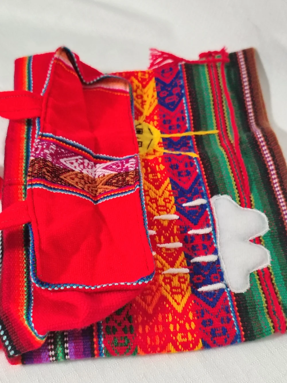 Peruvian Child's Backpack Woven Red Wool With Embroidery Colorful Alpaca & Sun